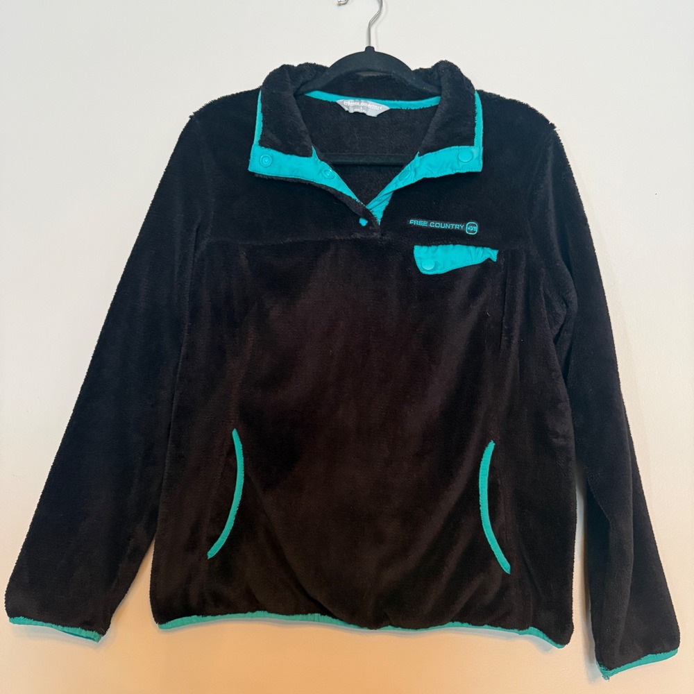 Free Country Black Teal Fleece Snap Neck Pullover Warm Fluffy Women's Size L